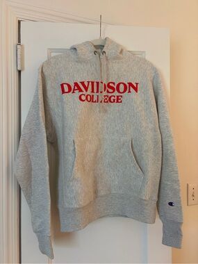 Champion Gray Hoodie with Red Davidson College Logo